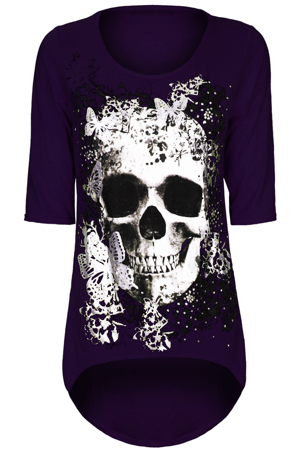 Cropped Sleeve Skull Print Curve Hem Top