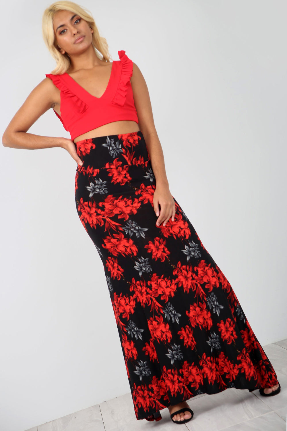 High Waist Red Floral Fish Tail Maxi Skirt - bejealous-com