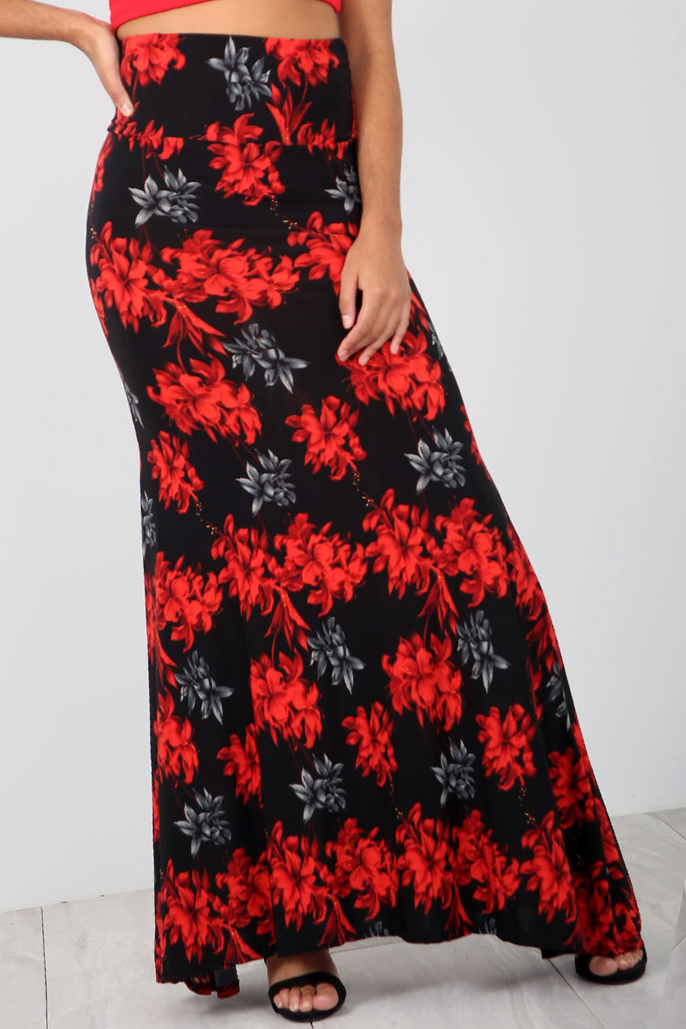 High Waist Red Floral Fish Tail Maxi Skirt - bejealous-com