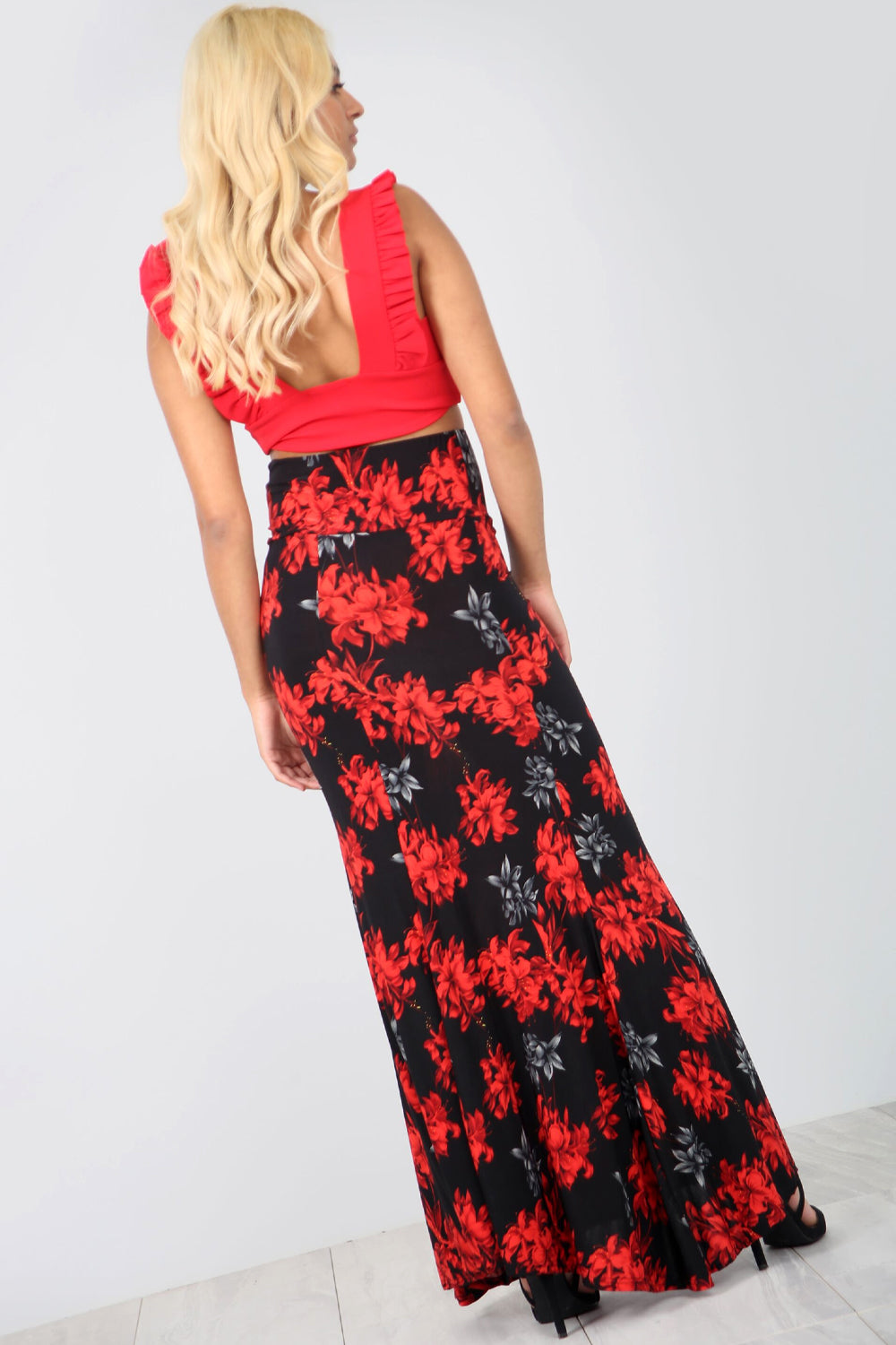 High Waist Red Floral Fish Tail Maxi Skirt - bejealous-com