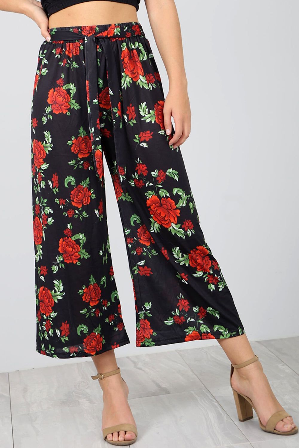 High Waist Rose Print Wide Leg Culottes - bejealous-com