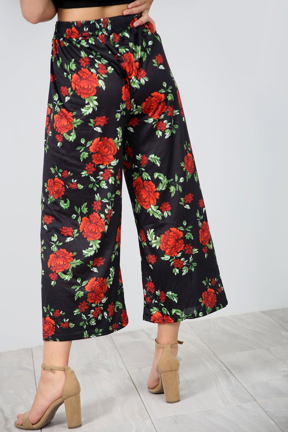 High Waist Rose Print Wide Leg Culottes - bejealous-com