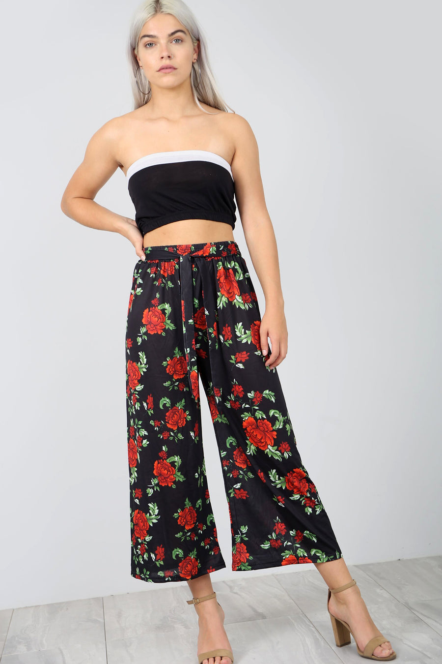 High Waist Rose Print Wide Leg Culottes - bejealous-com