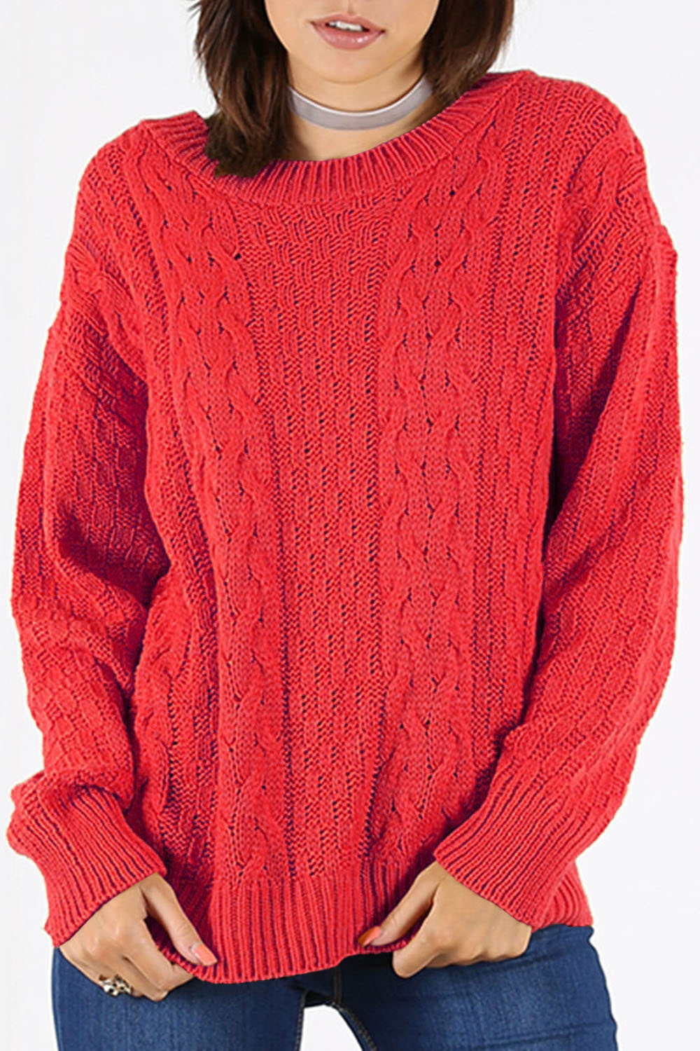 Long Sleeve Burgundy Cable Knit Jumper