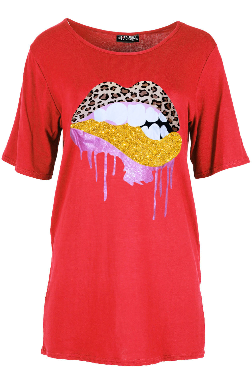 Lily Glitter Biting Leopard Lips Printed Baggy Oversized T Shirt