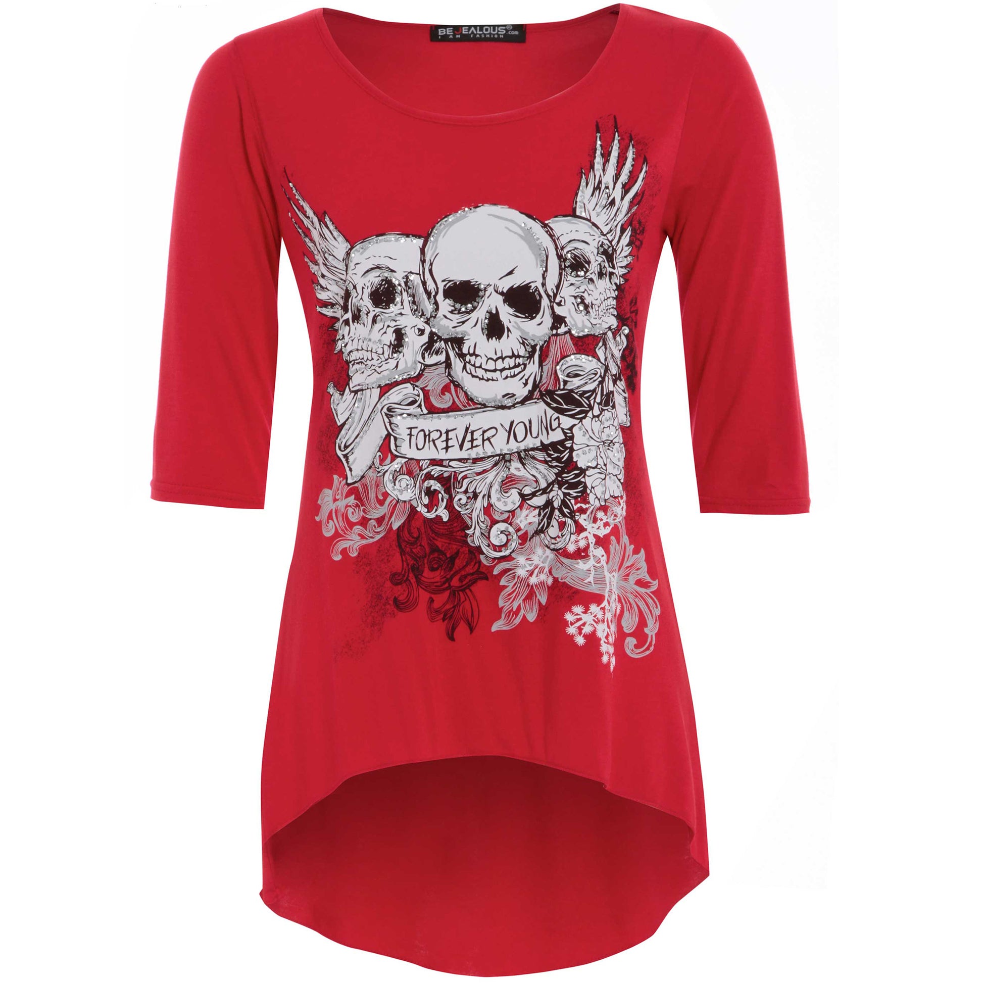 Cropped Sleeve Skull Print Curve Hem Tshirt