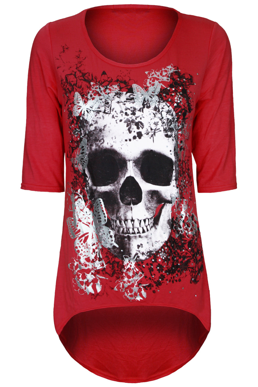 Cropped Sleeve Skull Print Curve Hem Top