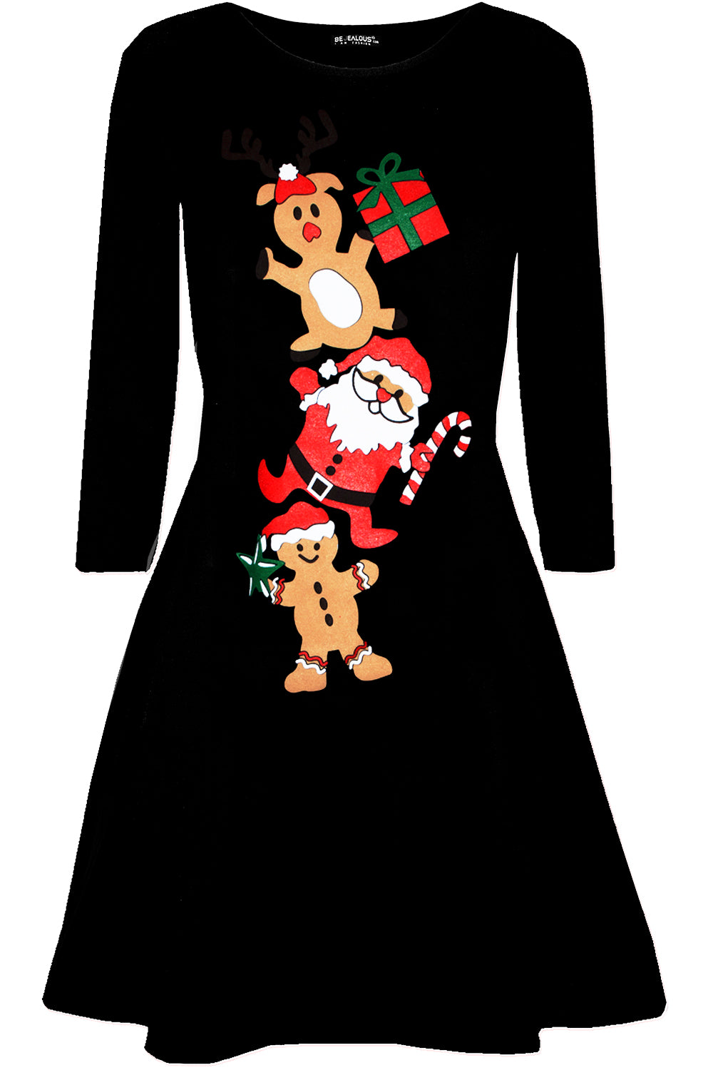 Long Sleeve Christmas Print Black Dress - bejealous-com
