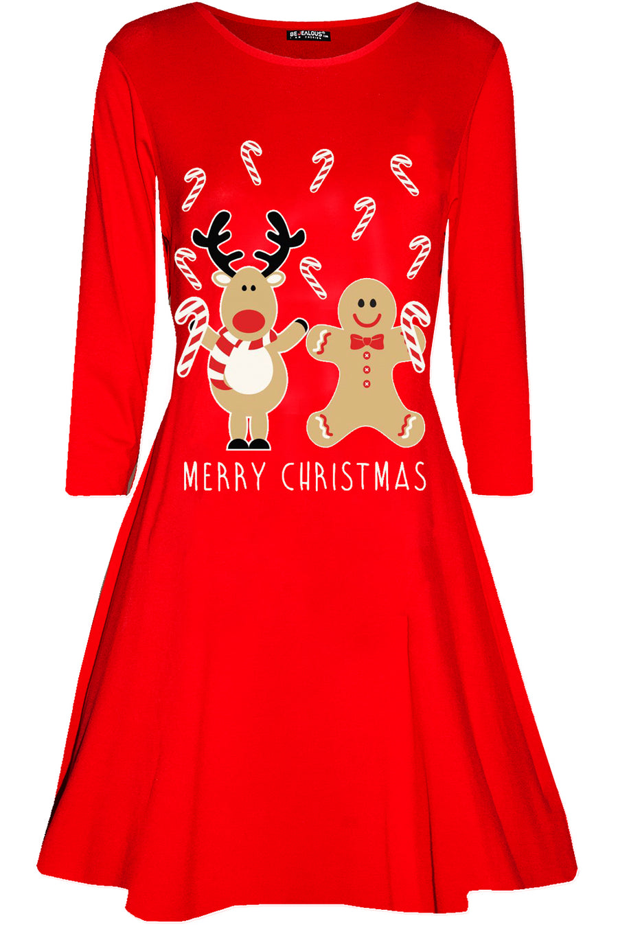 Christmas Print Long Sleeve Swing Dress - bejealous-com