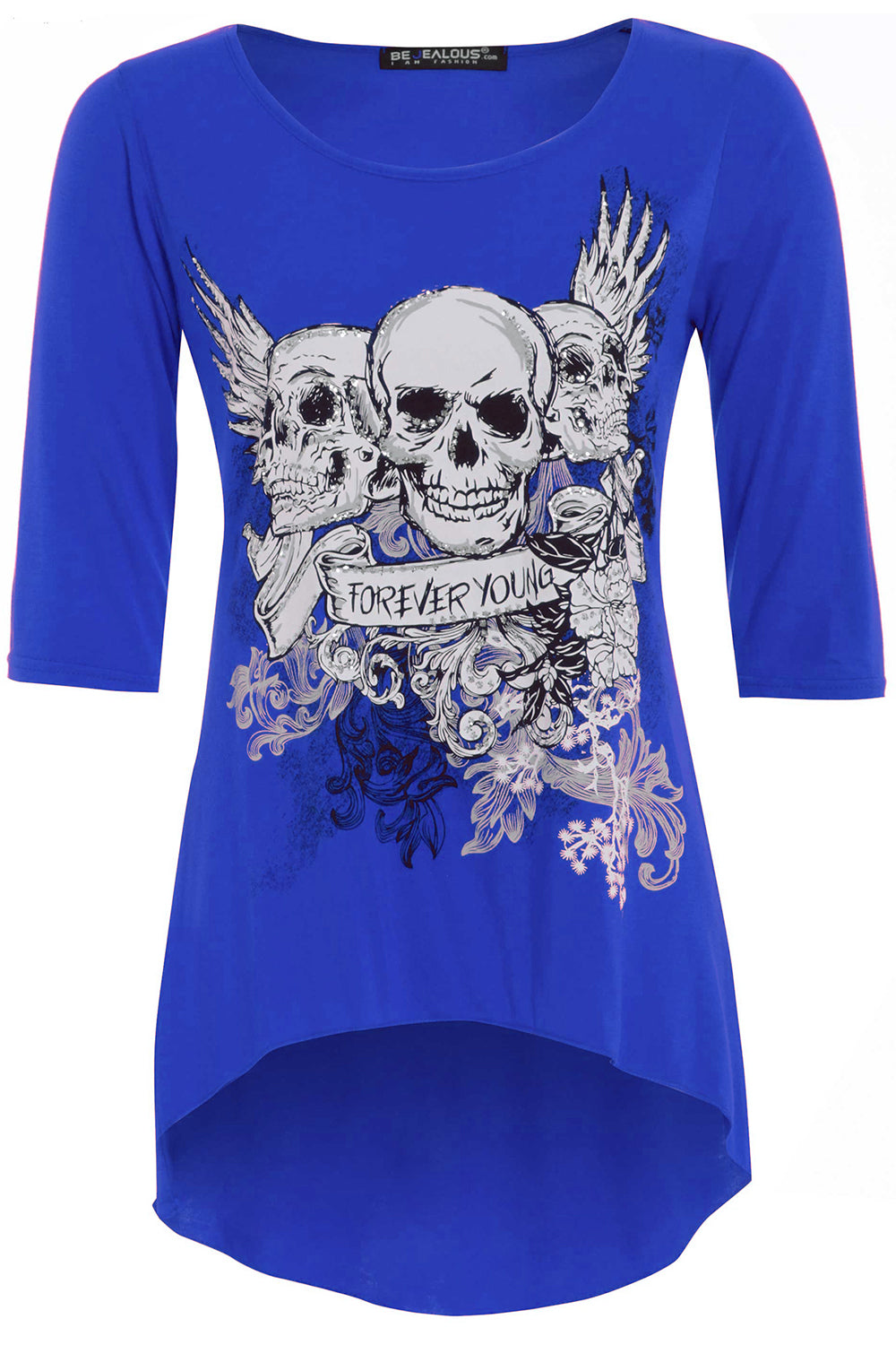 Cropped Sleeve Skull Print Curve Hem Tshirt