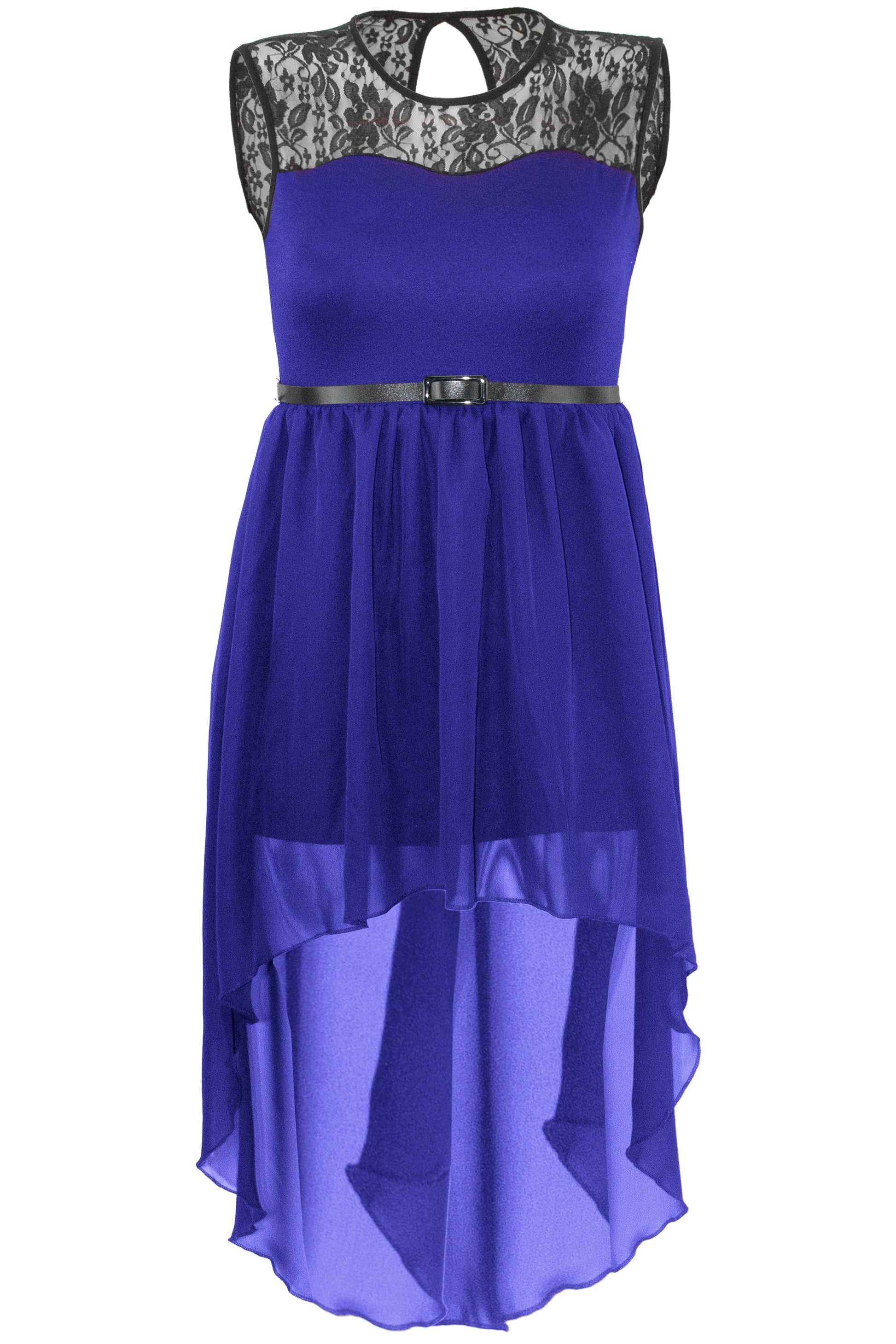 Dipped Hem Lace Insert Chiffon Midi Dress