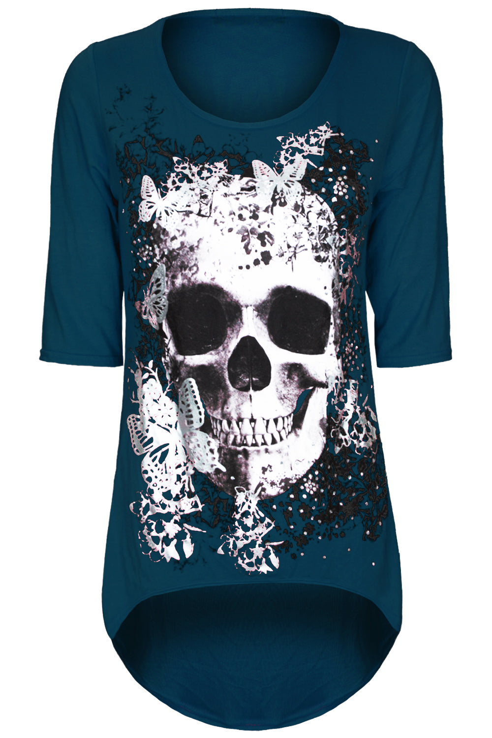 Cropped Sleeve Skull Print Curve Hem Top