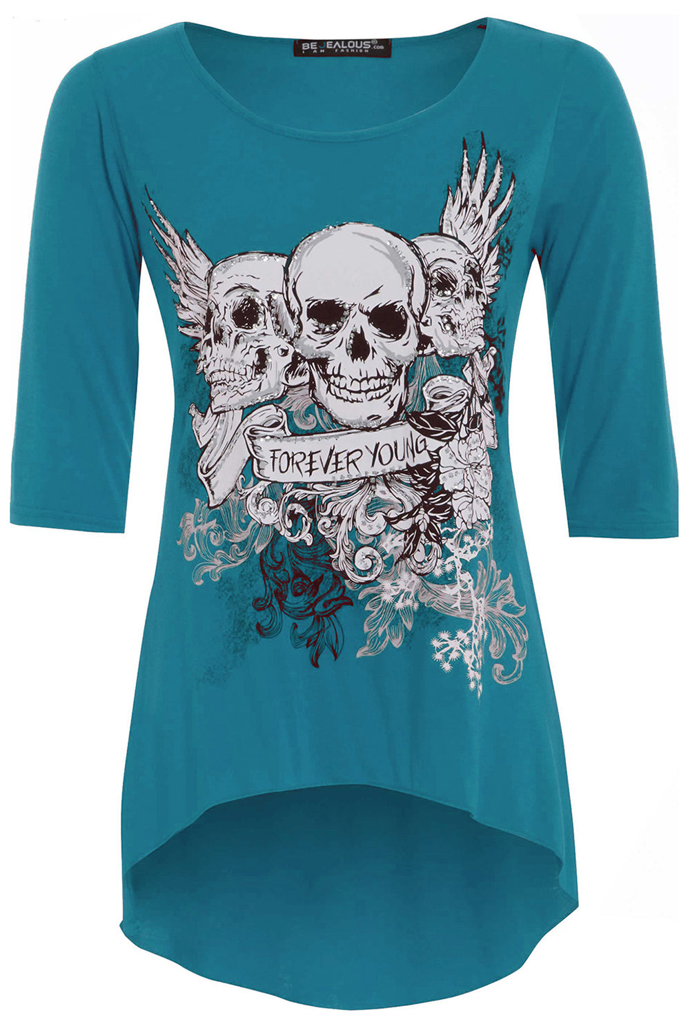 Cropped Sleeve Skull Print Curve Hem Tshirt