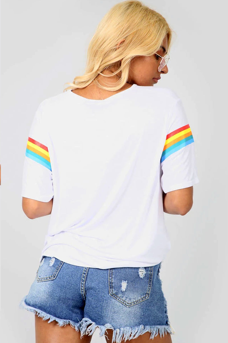 White Oversized T-shirt with Rainbow Stripe - bejealous-com