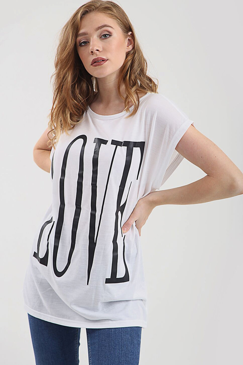 Love Slogan Print Oversized Roll Sleeve Tshirt - bejealous-com