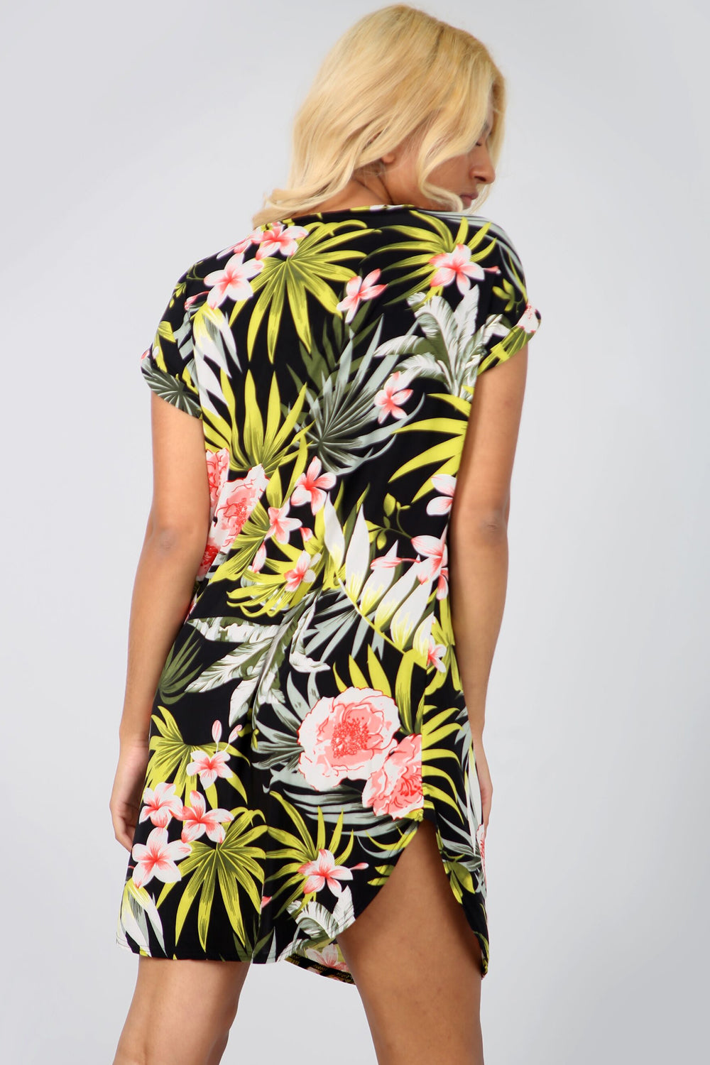 Floral Leaf Print Curved Hem Baggy Tshirt Dress - bejealous-com