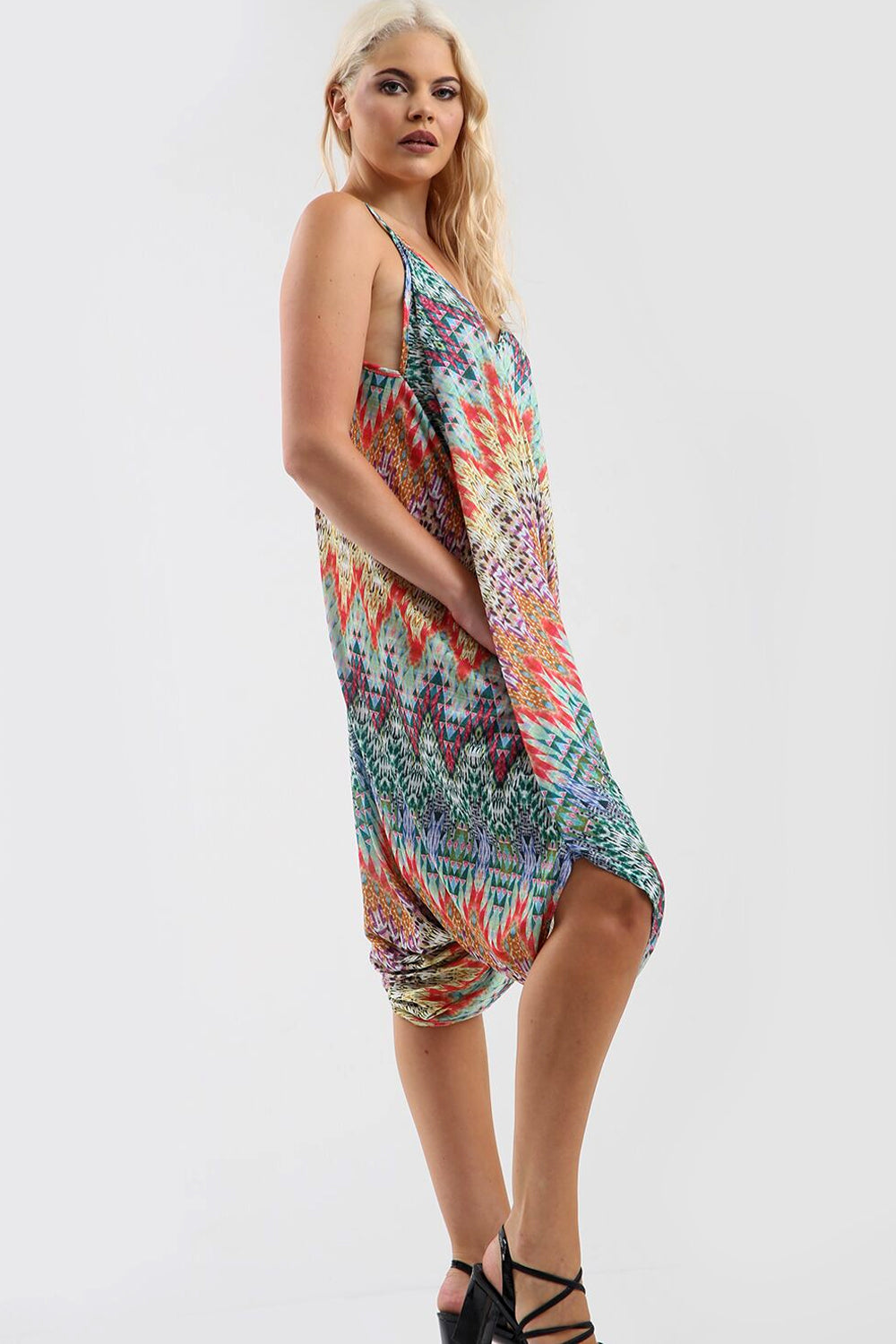 Strappy Draped Harem Jumpsuit in Aztec Print - bejealous-com