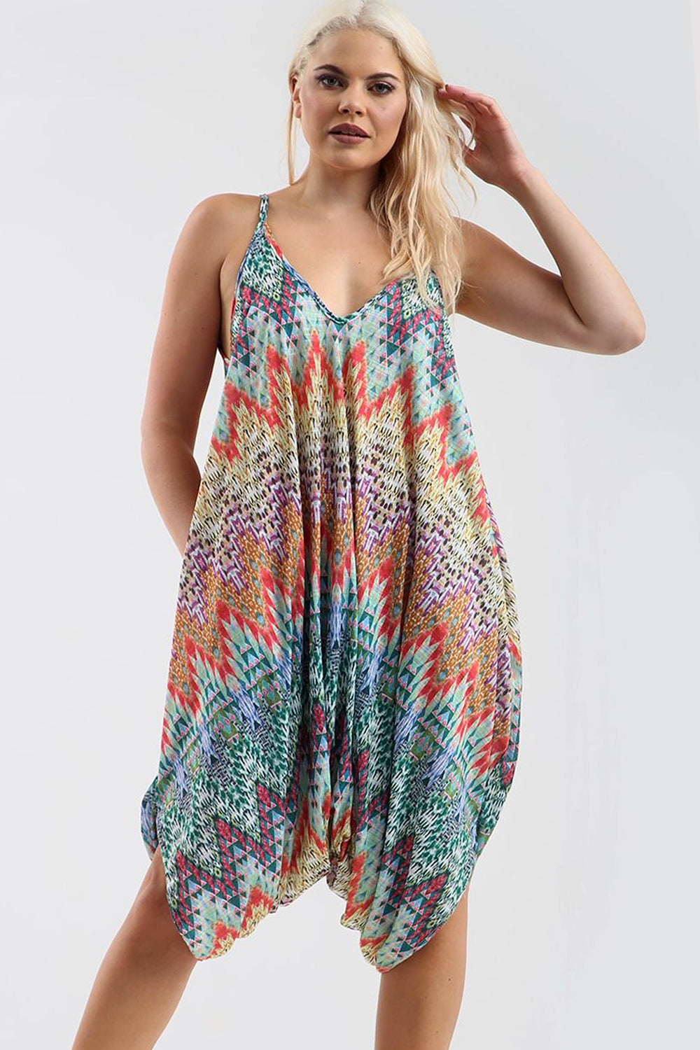 Strappy Draped Harem Jumpsuit in Aztec Print - bejealous-com