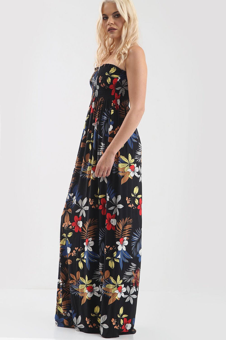 Tropical Print Black Bardot Shirring Maxi Dress - bejealous-com