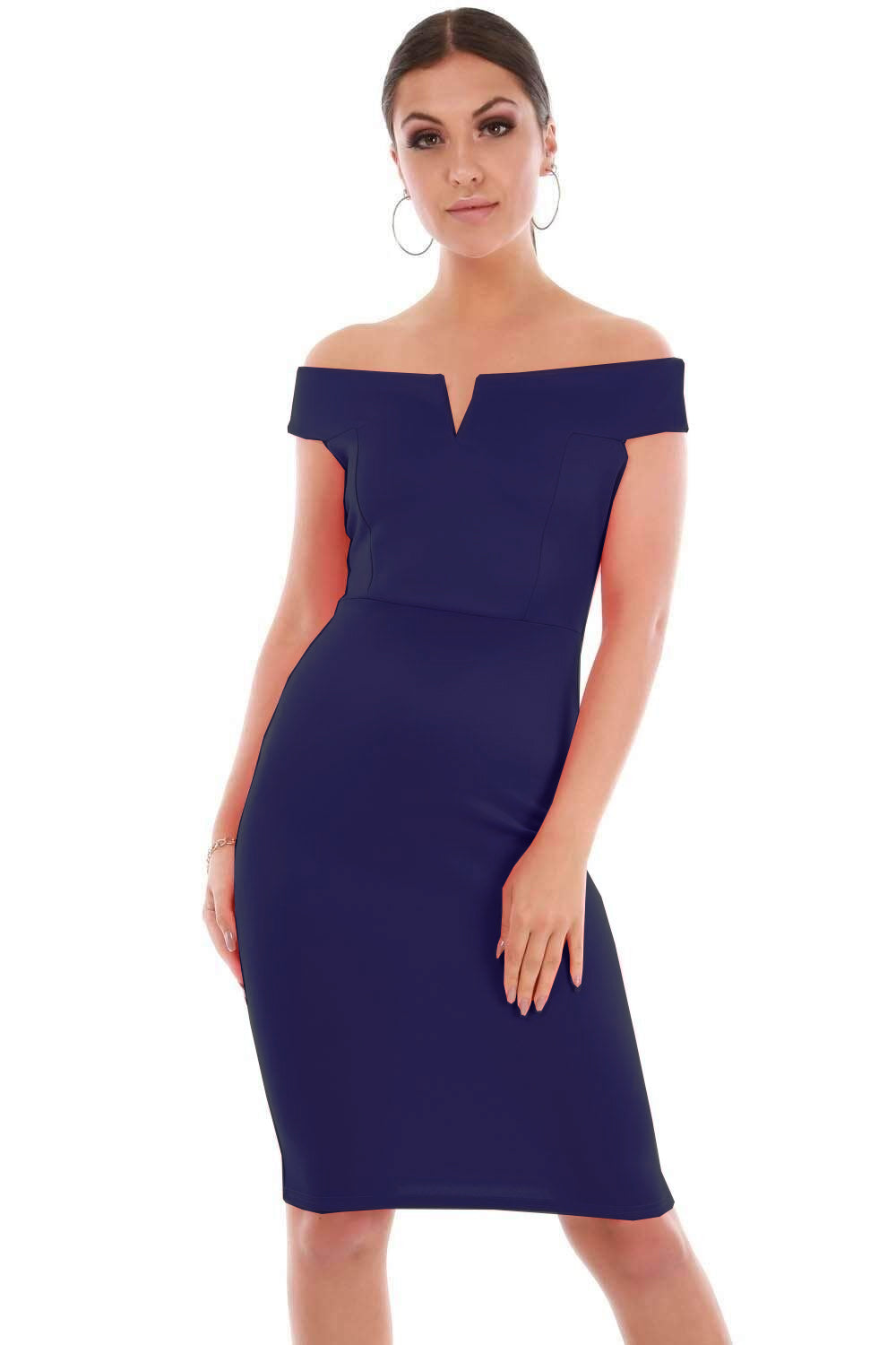 Coral Off Shoulder V Bar Midi Bodycon Dress - bejealous-com