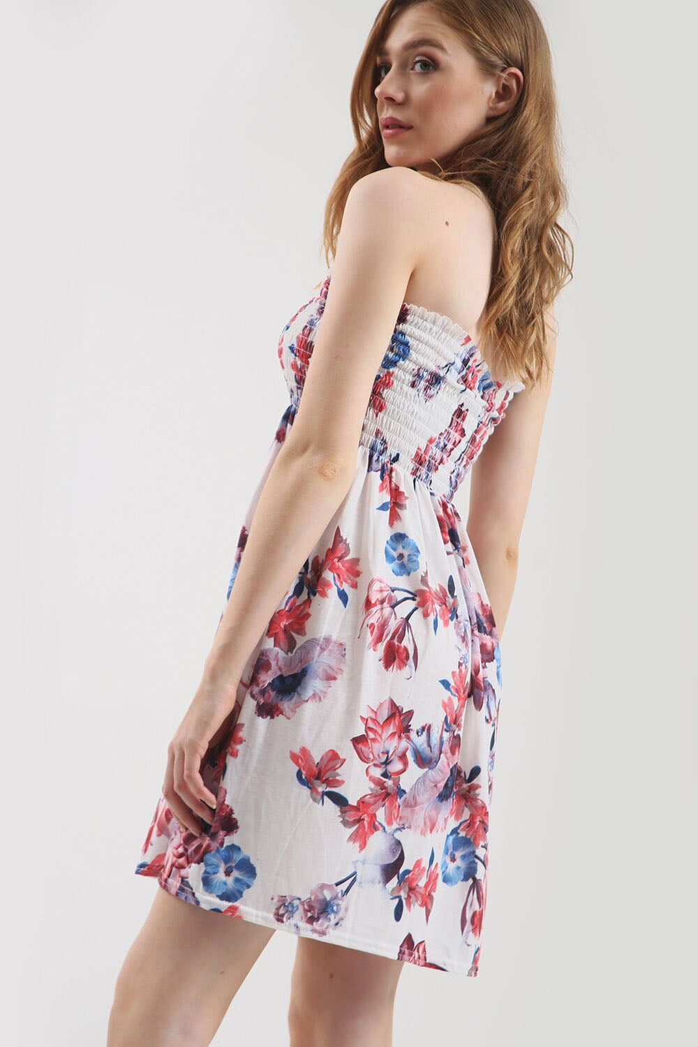 Red Tropical Print Shirring Bandeau Mini Dress - bejealous-com