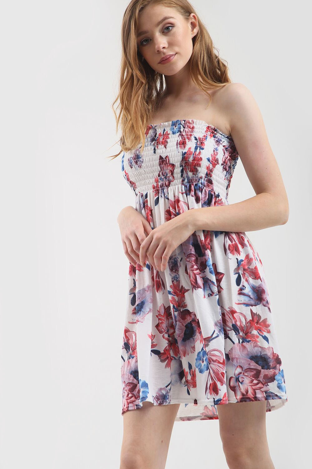 Red Tropical Print Shirring Bandeau Mini Dress - bejealous-com