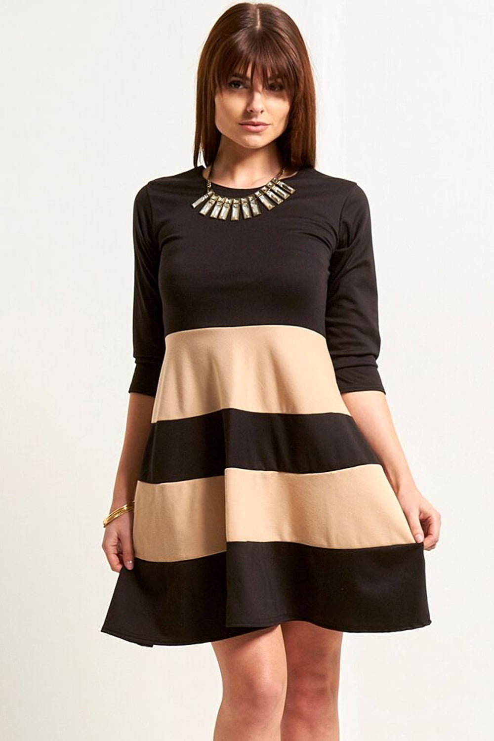 Cropped Sleeve Colour Block Mini Skater Dress - bejealous-com