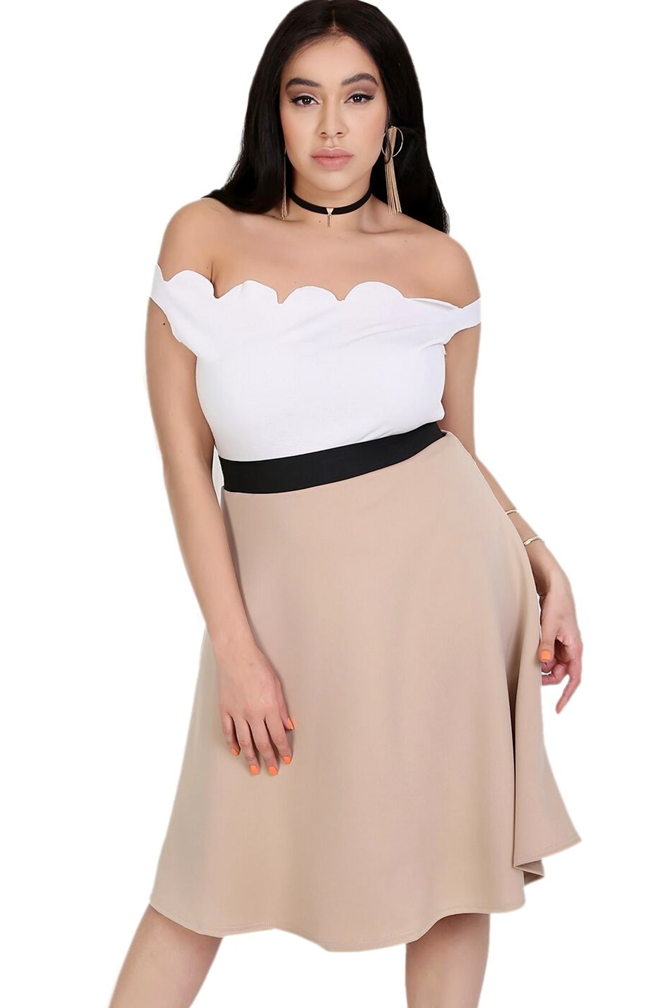 High Waist Stone Midi Scuba Skater Skirt - bejealous-com