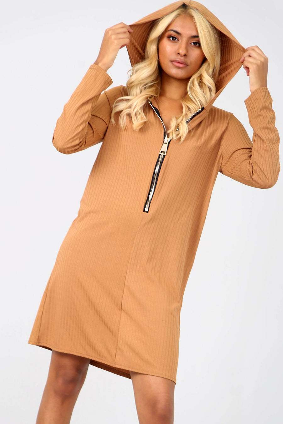 Long Sleeve Plunge Neck Ribbed Sweatshirt Dress - bejealous-com