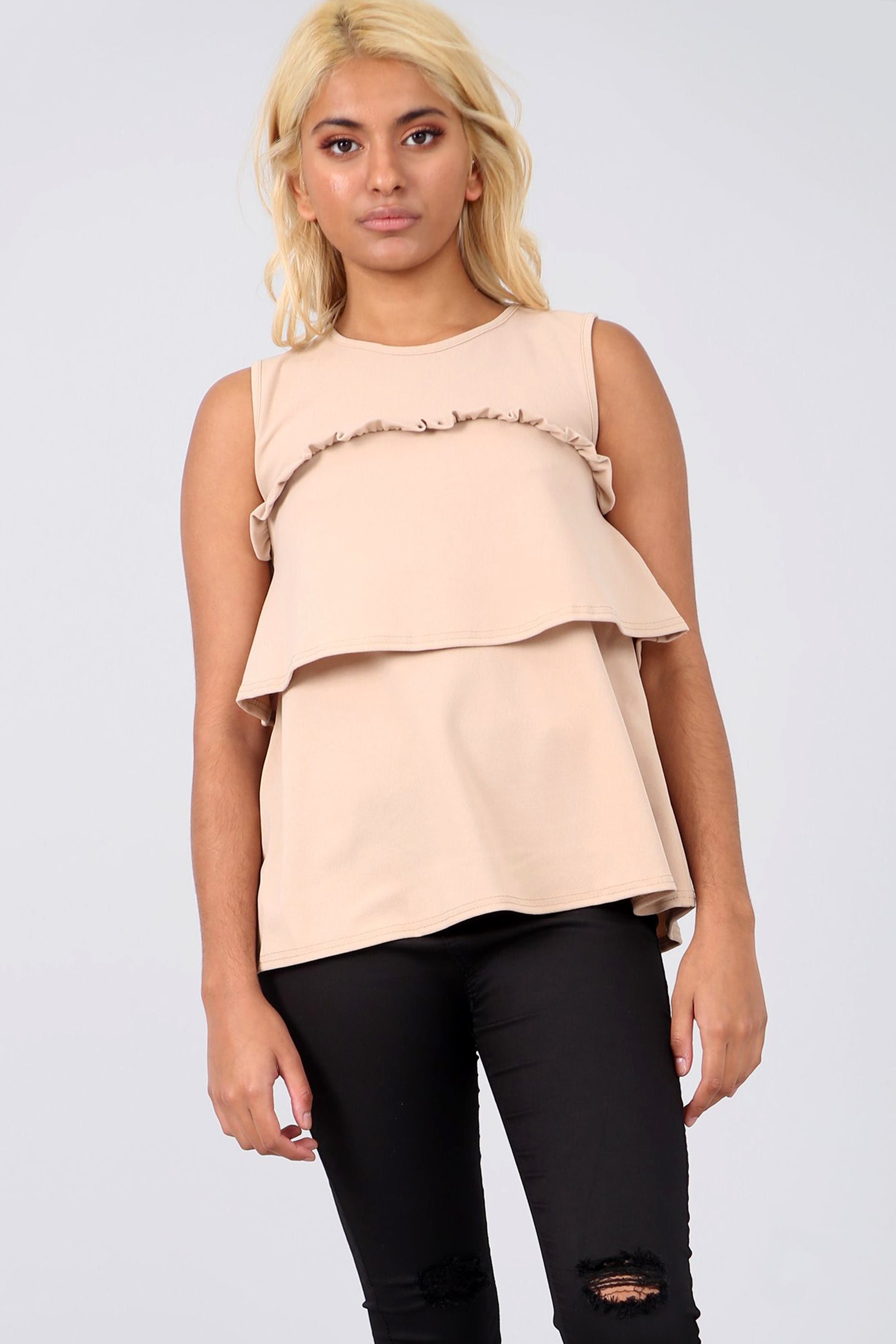 Black Crepe Sleeveless Tiered Frill Vest Top - bejealous-com