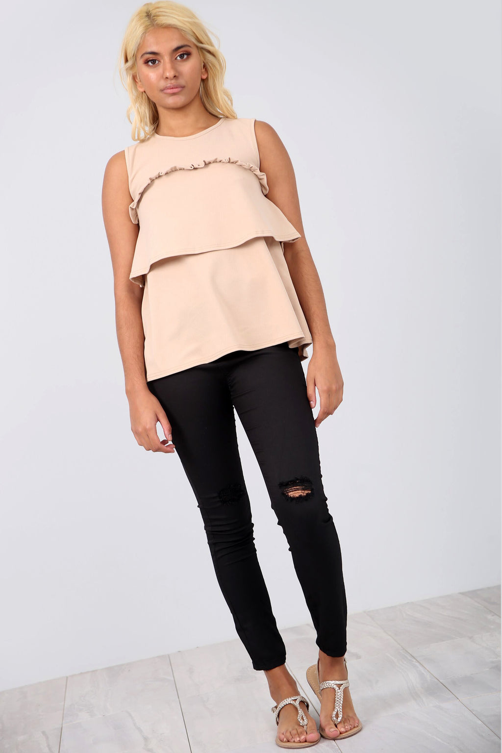 Sleeveless Crepe Tiered Frill Beige Top - bejealous-com