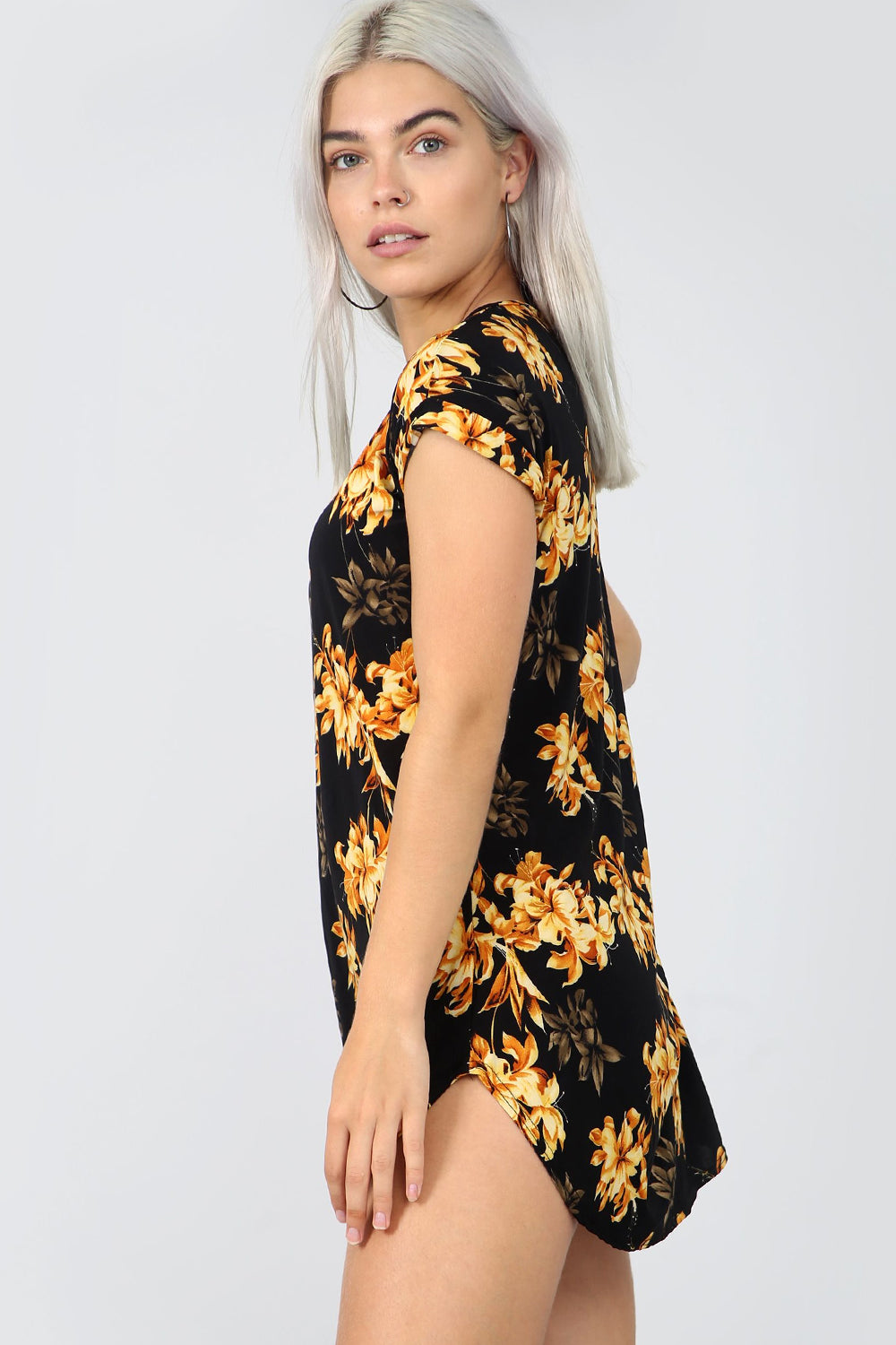 Red Floral Print Curved Hem Baggy Tshirt Dress - bejealous-com