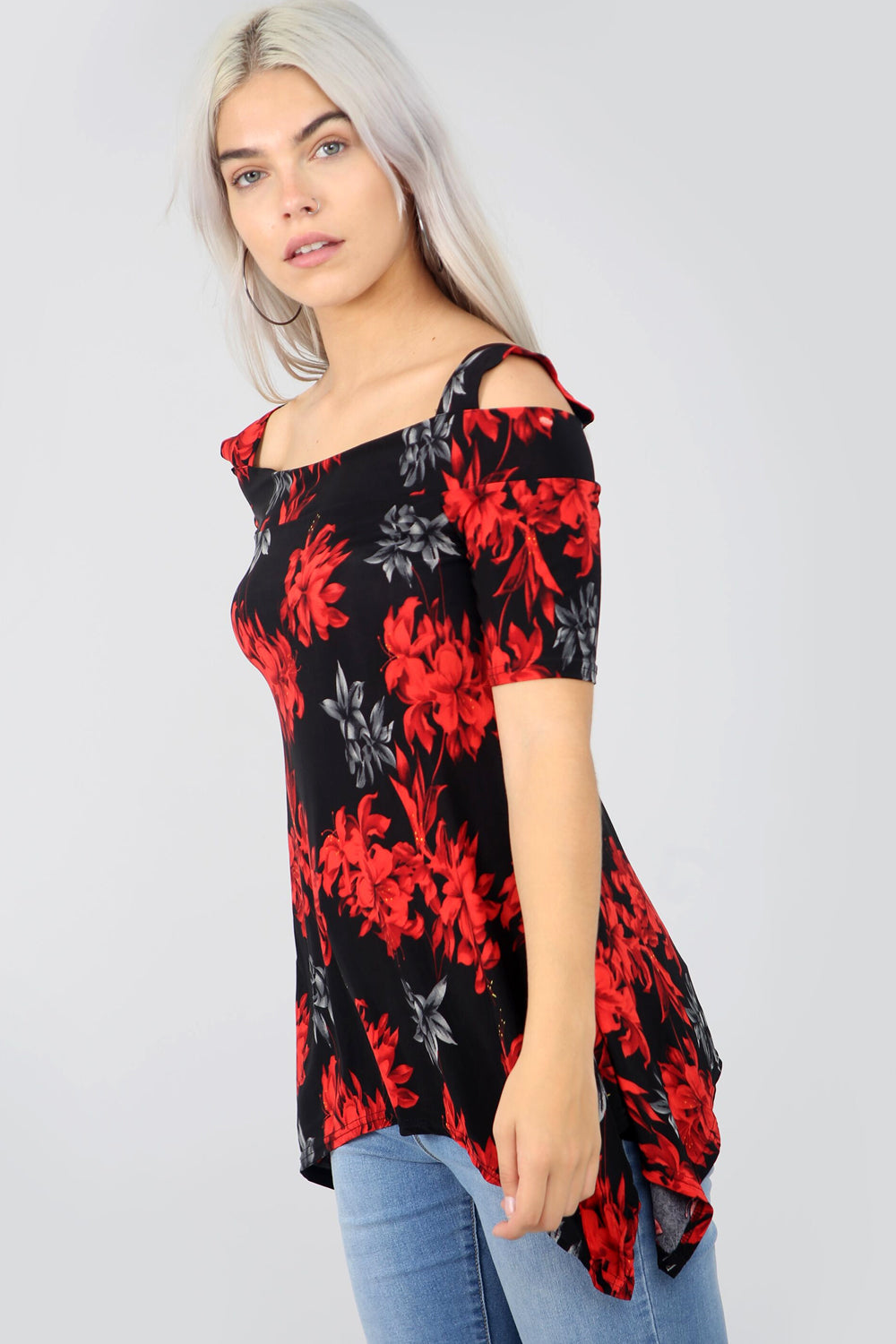 Cold Shoulder Floral Print Dip Hem Top - bejealous-com