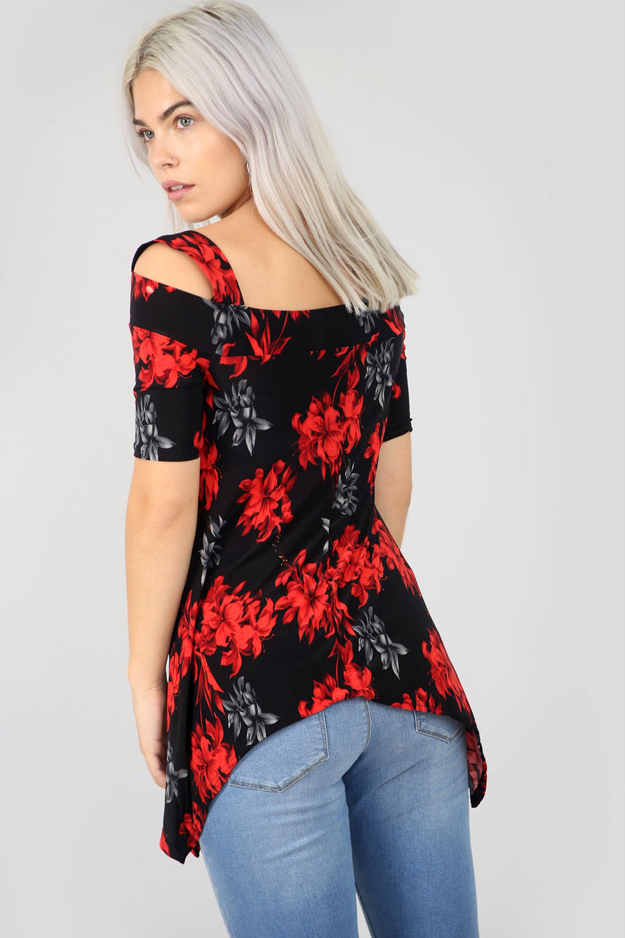 Cold Shoulder Floral Print Dip Hem Top - bejealous-com