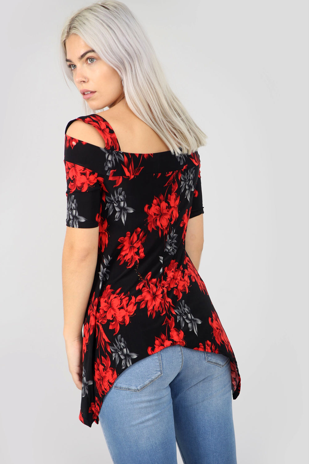 Cold Shoulder Floral Print Hanky Hem Top - bejealous-com