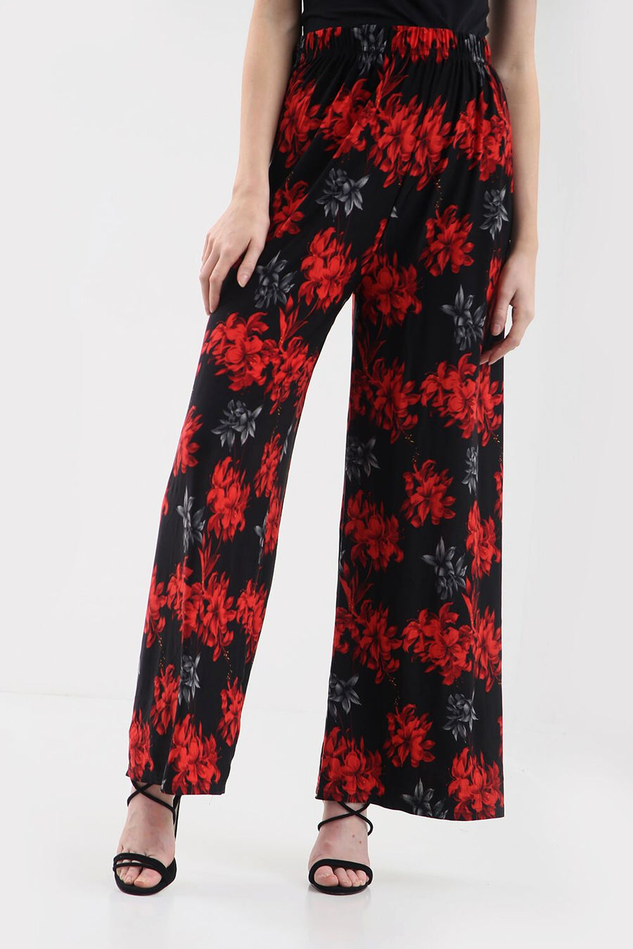 High Waist Red Floral Wide Leg Trousers - bejealous-com