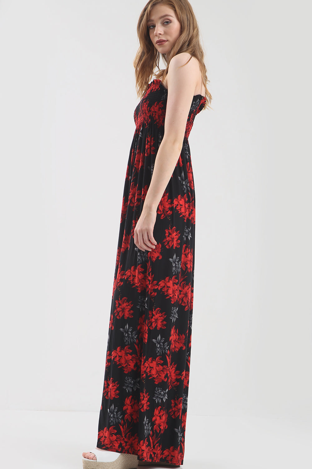 Strapless Maxi Dress in Red Tropical Print - bejealous-com