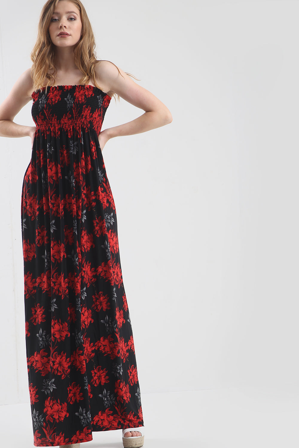 Strapless Maxi Dress in Gold Tropical Print - bejealous-com
