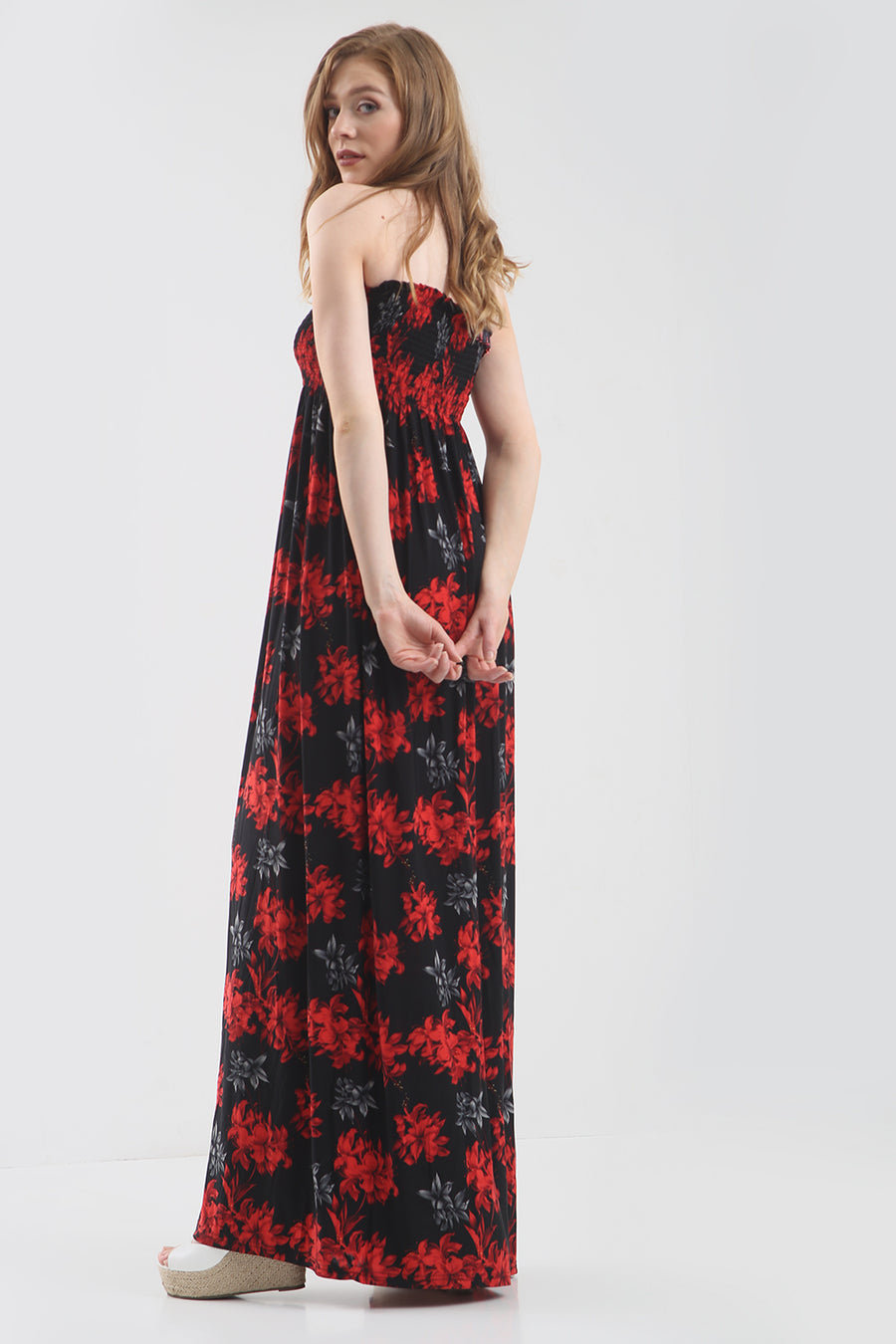 Strapless Maxi Dress in Red Tropical Print - bejealous-com