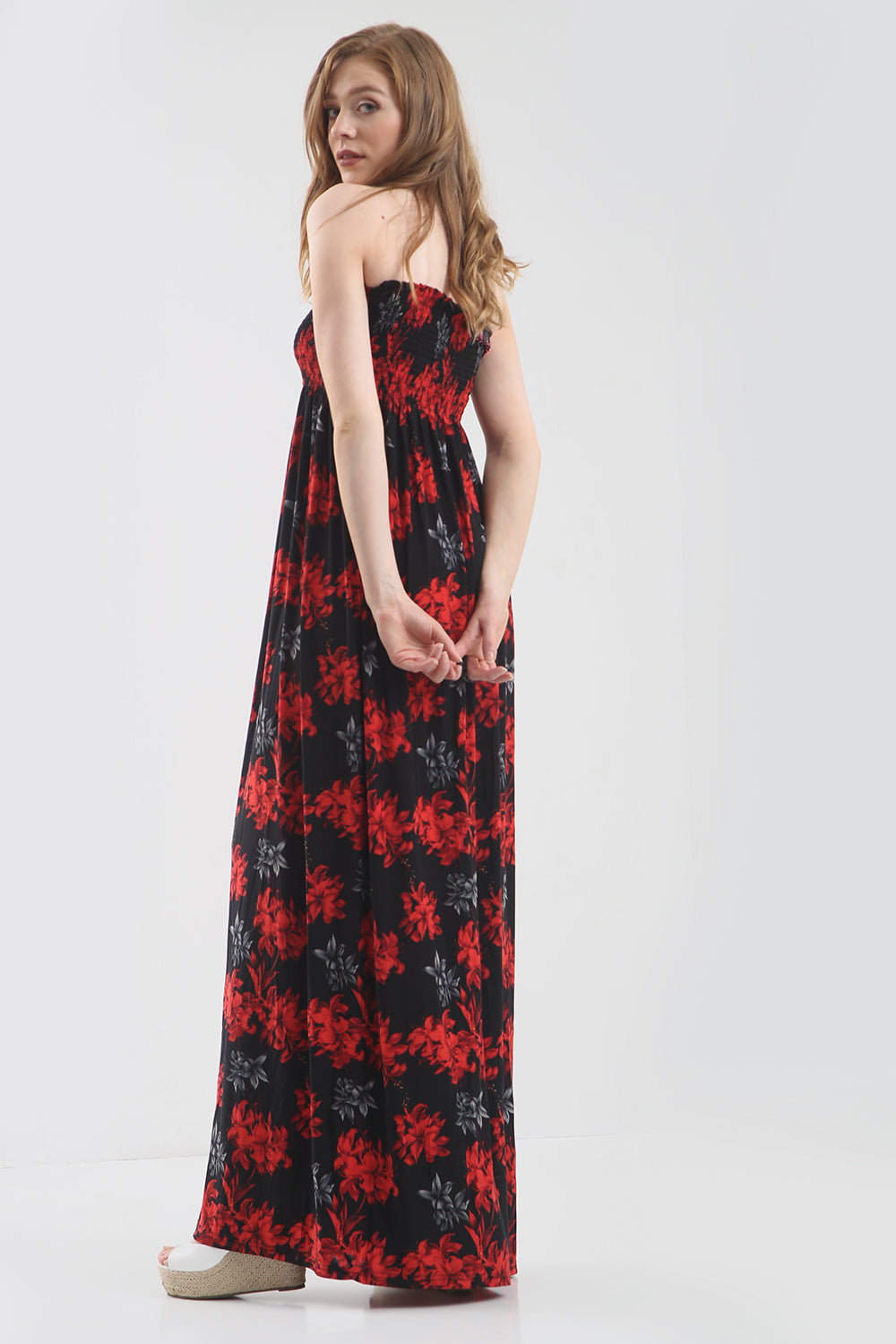 Strapless Maxi Dress in Gold Tropical Print - bejealous-com