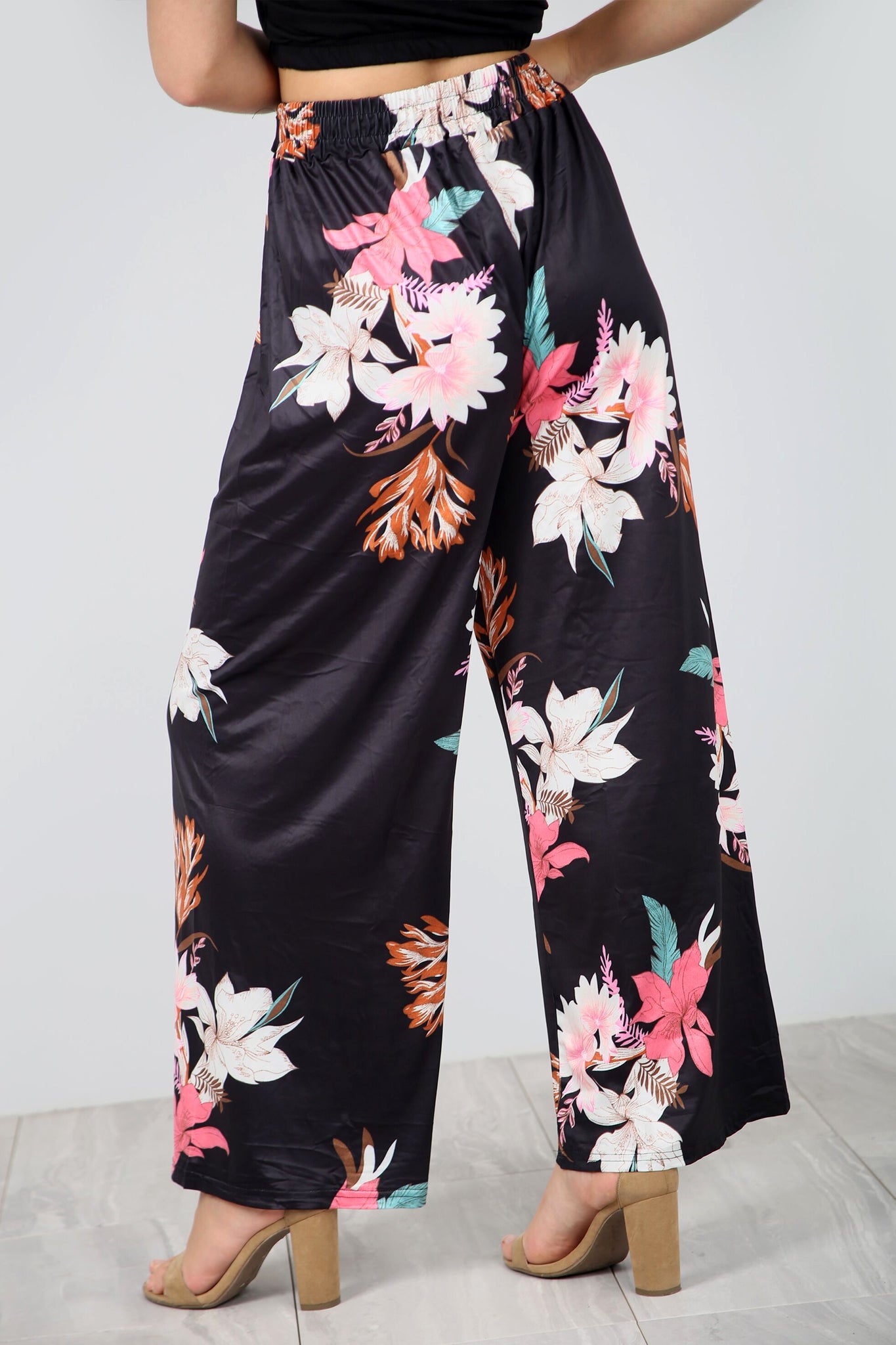 High Waist Coral Tropical Print Wide Leg Pants - bejealous-com