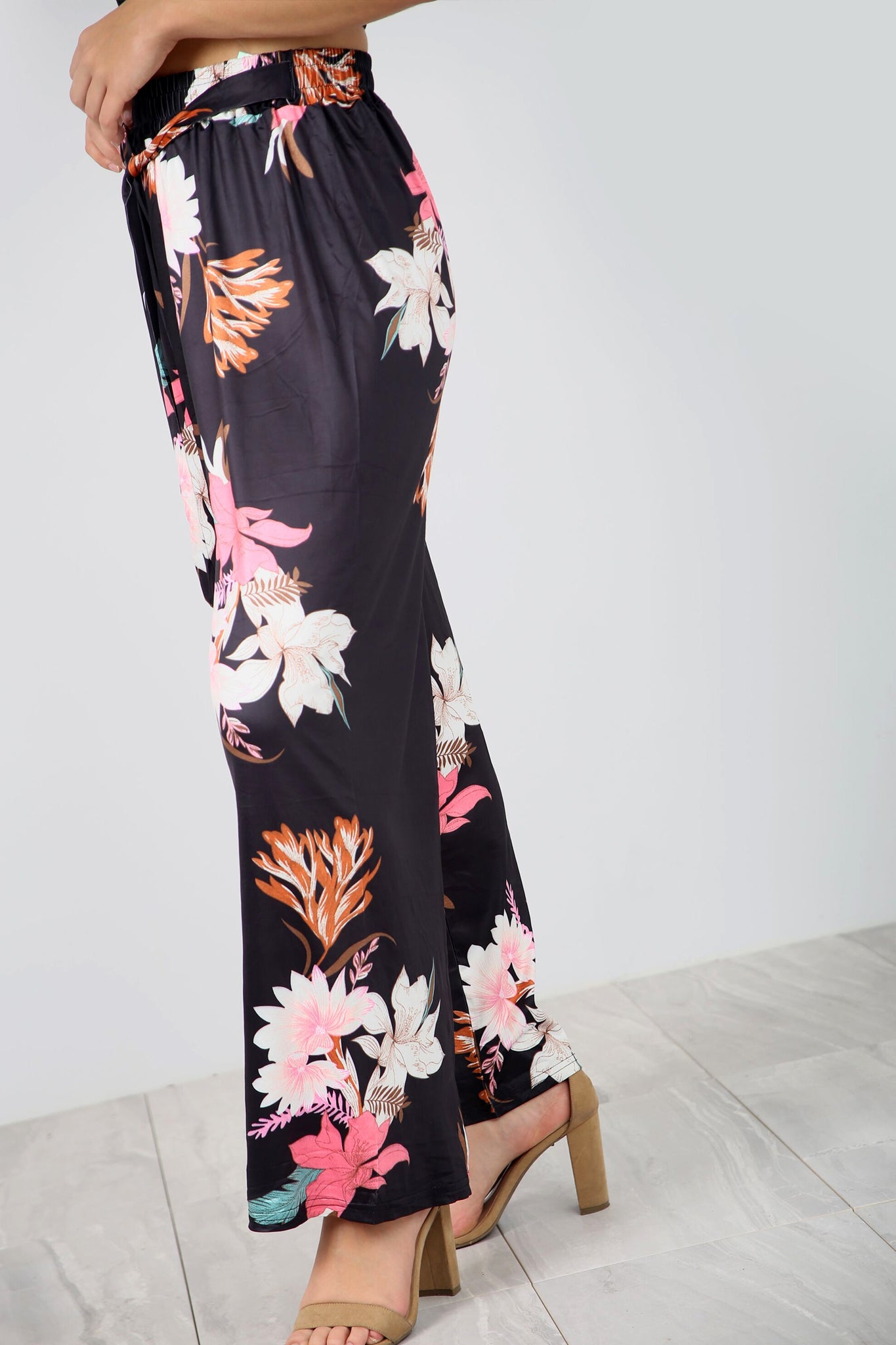 High Waist Coral Tropical Print Wide Leg Pants - bejealous-com