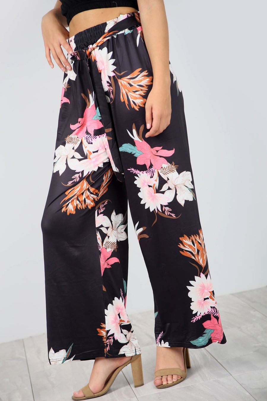 High Waist Coral Tropical Print Wide Leg Pants - bejealous-com