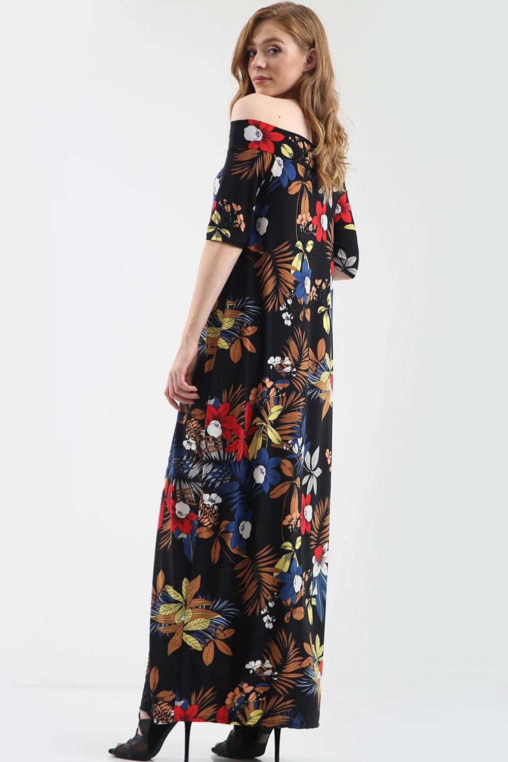 Off Shoulder Black Floral Print Maxi Dress - bejealous-com