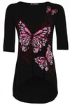 Cropped Sleeve Butterfly Print Curved Hem Top - bejealous-com