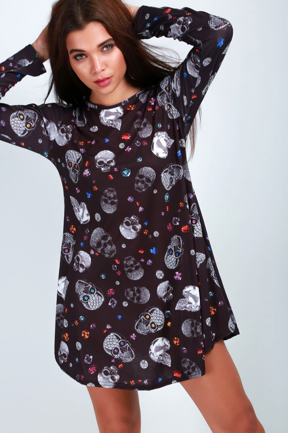Long Sleeve Candy Skull Print Mini Dress - bejealous-com