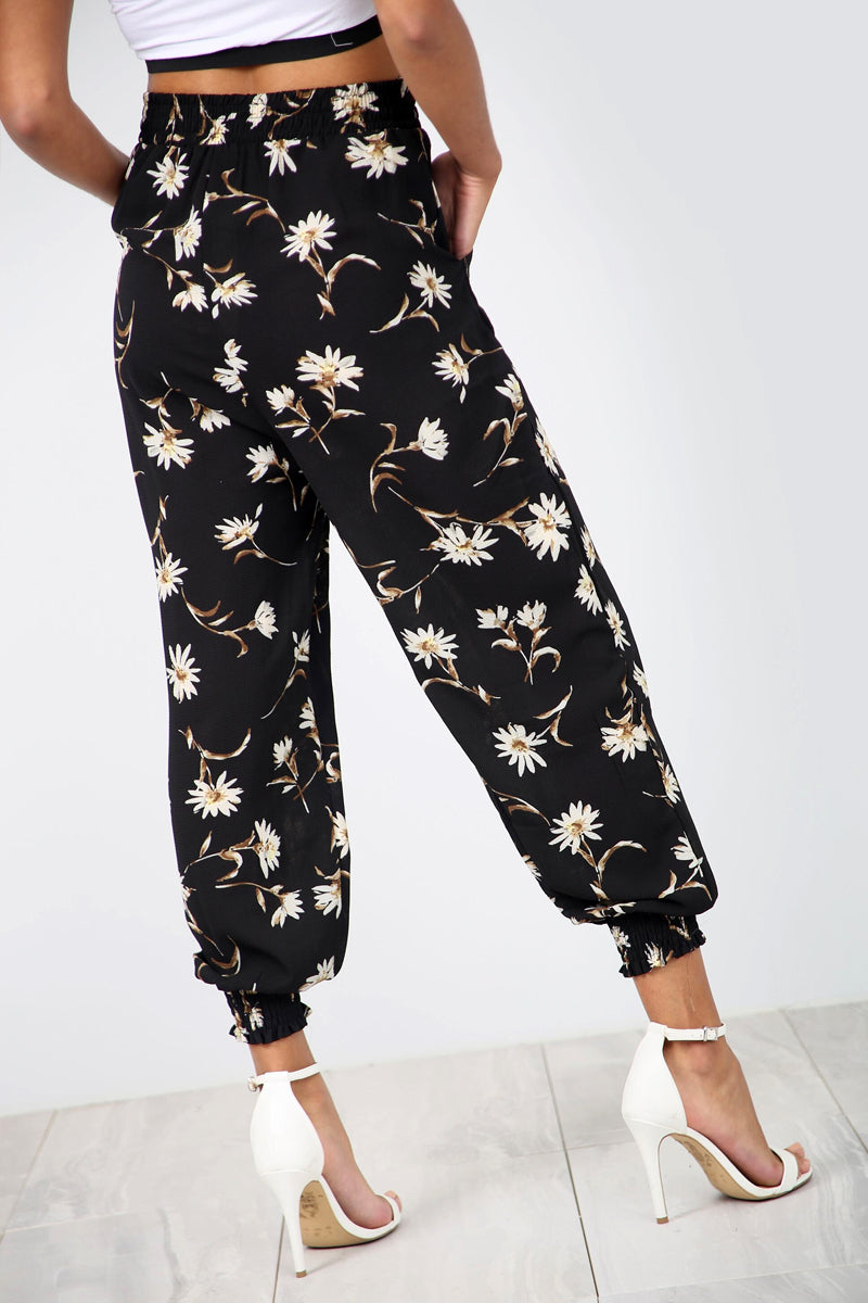 High Waisted Black Floral Chiffon Cuffed Leg Trousers - bejealous-com