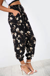 High Waisted Black Floral Chiffon Cuffed Leg Trousers - bejealous-com