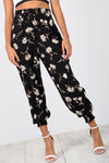 High Waisted Black Floral Chiffon Cuffed Leg Trousers - bejealous-com