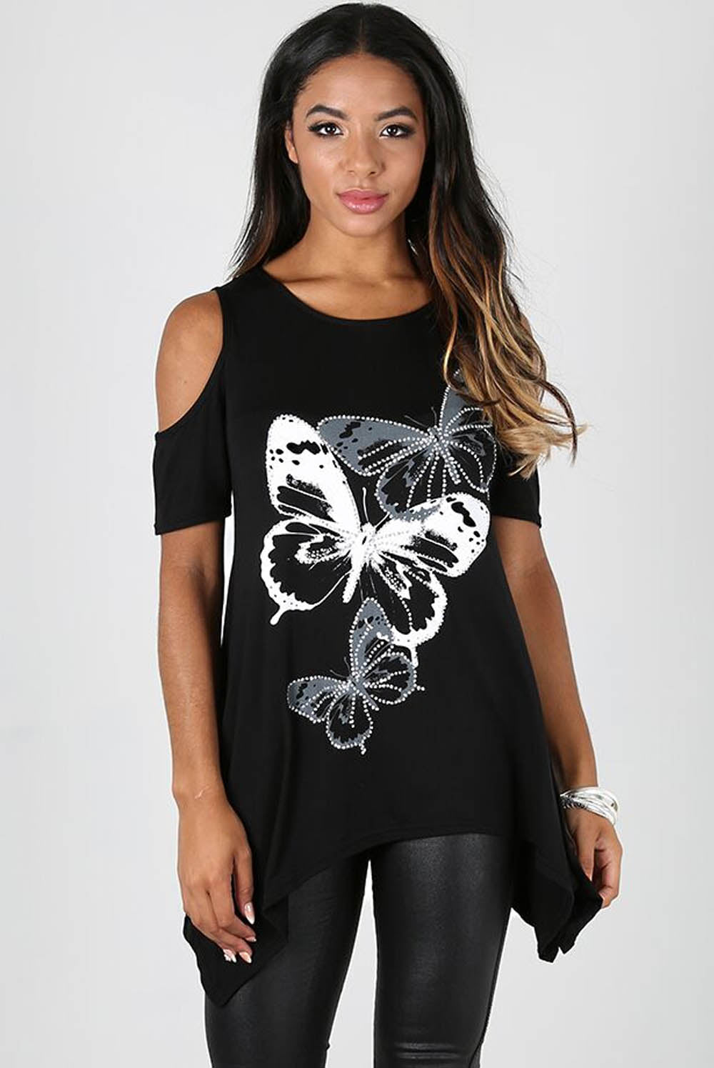 Cold Shoulder Butterfly Print Hanky Hem Top - bejealous-com